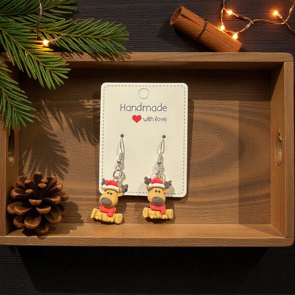 Handmade Reindeer Earrings | Christmas Earrings | Polymer Clay Holiday Jewelry - Picture 4 of 6
